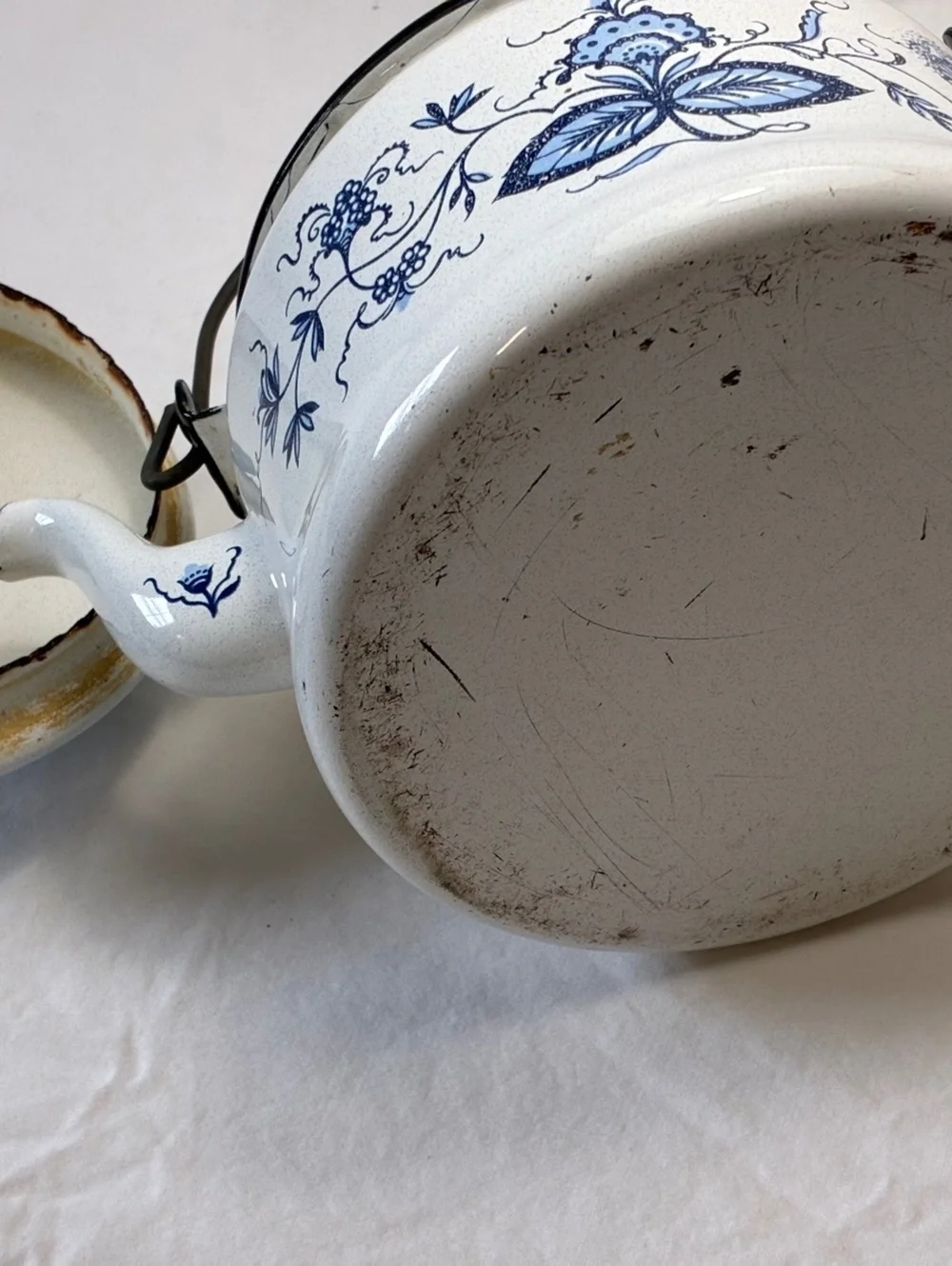 Vintage Blue and White Floral Enamelware Teapot Kettle with Black Handle